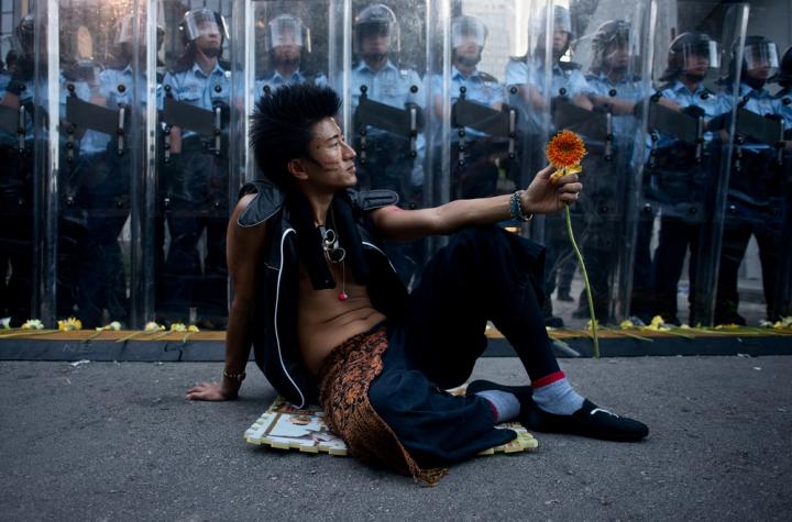 Fotografía de Miguel  Candela para Nthephoto. Protestante pro-democracia en las ocupaciones masivas de Hong Kong.